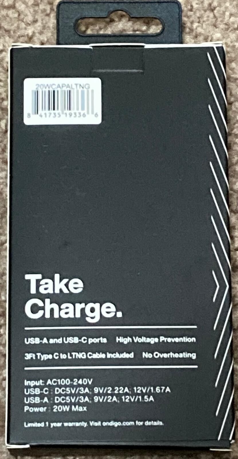 20W Type C PD QC+ USB A Wall Charger w 3ft Type C Cable-Ondigo