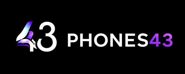 The text '43 PHONES 43' appears on a black background, with a stylized purple-and-white '43' on the left and white and purple text on the right.